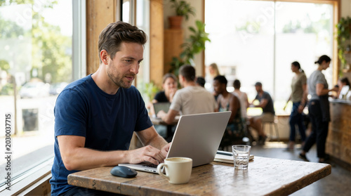 Focused man working remotely on a laptop in a busy cafe. Freelancer using a coffee shop as a workspace