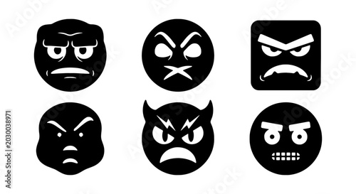 Cuadro en lienzo Angry emoji icons, 6 black vector emoticons, aggressive facial expressions set