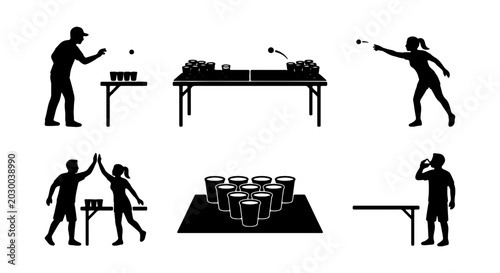 Beer pong silhouette set, college party game icons, drinking competition vector elements