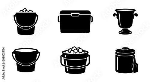 Ice bucket icon set, black cooling container silhouettes, 6 vector elements for bar