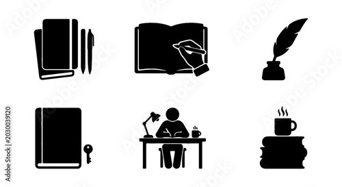 Writing and journaling icon set, black silhouette book and pen vectors, 6 author icons