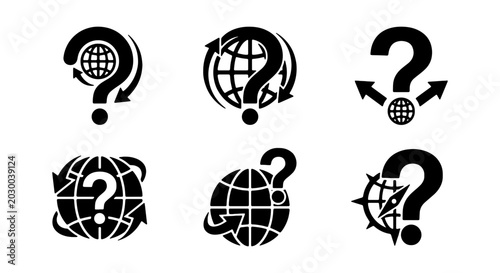 Global question mark icons, 6 world globe vector symbols, black faq web elements