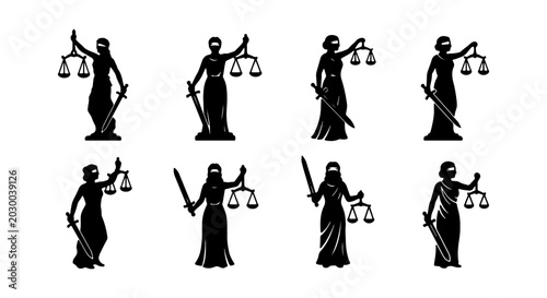 Lady Justice silhouette set, 8 law icons with scales and sword, legal vector graphics