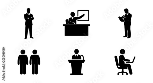 Business people silhouettes, professional office worker icons, 6 vector man symbols