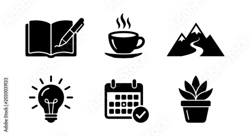 Minimalist lifestyle icons, 6 black vector symbols, productivity and nature silhouettes