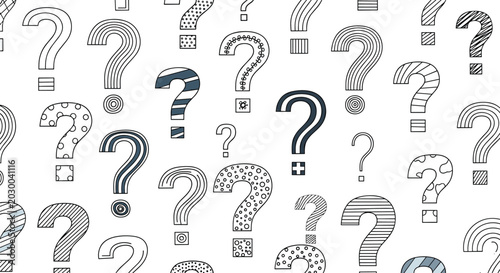 Seamless pattern of hand drawn question marks in various sizes and artistic styles including dots, stripes, and solid fills on a white wall.