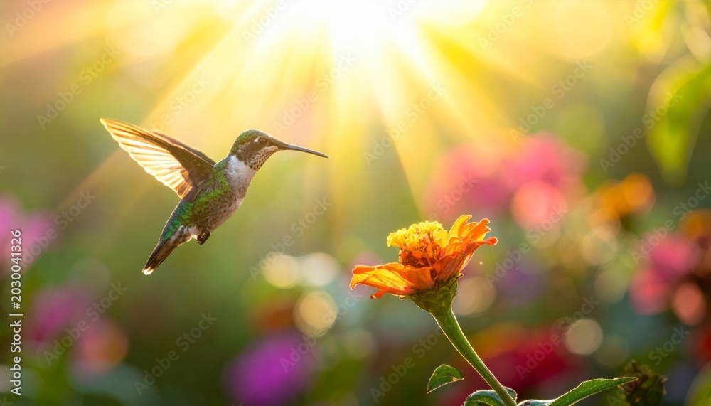 Fototapeta premium Hummingbird hovers near an orange zinnia flower bathed in golden sunlight