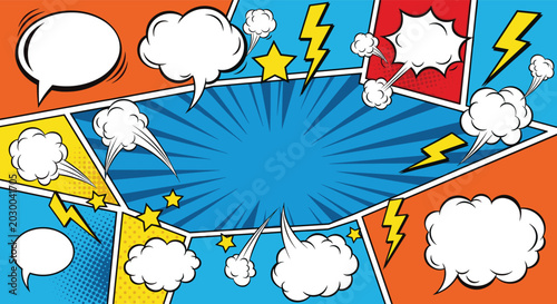 Blank comic book page template with multiple panels, colorful backgrounds, speech bubbles, and decorative action elements like clouds.