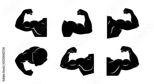 Tableau sur toile Muscle icons, flexing arm silhouettes, bodybuilding poses, fitness graphics, bla