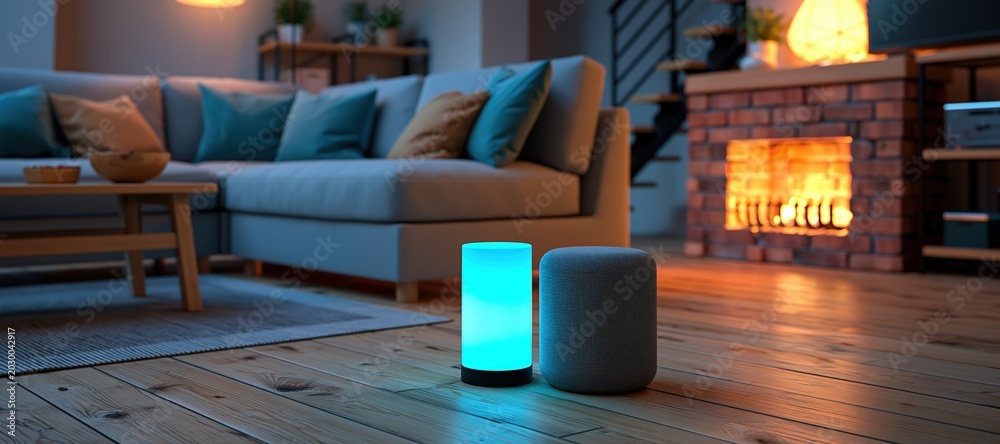 Fototapeta premium Smart home devices in modern living room with cozy fireplace and ambient lighting