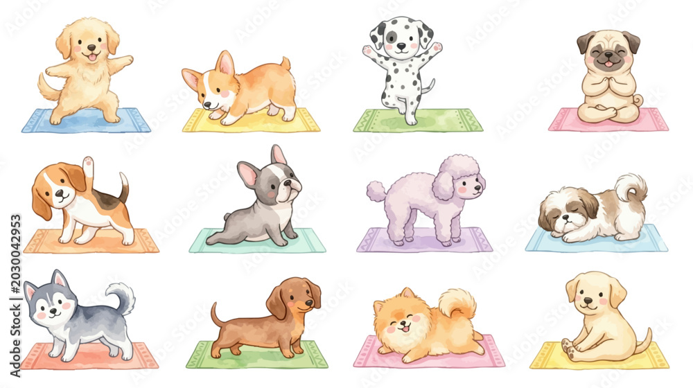 Fototapeta premium Cute watercolor puppy yoga clipart with adorable dog poses. Collection of Vector illustrations for invitation, card, poster, banner, decoration