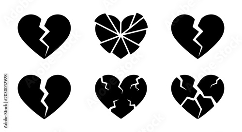 Tableau sur toile Broken heart icons, shattered love symbols, black heart shapes, cracked love gra