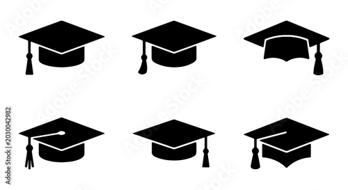 Photos Graduation caps, academic icons, education symbols, graduation hat set, black si