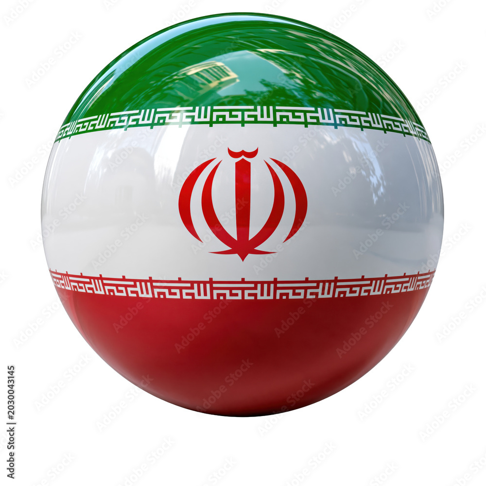 Fototapeta premium A glossy 3D sphere wrapped in the national flag of Iran featuring the red, white, and green stripes with the central emblem, isolated on transparent background.