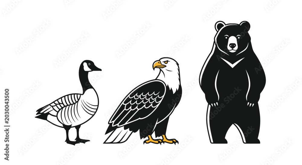 Obraz premium Three distinct animal icons featuring a goose, a bald eagle, and a bear are presented in a clean black and white graphic design style.
