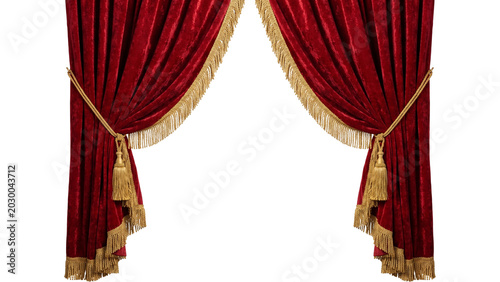 Obraz na płótnie Elegant red velvet curtains with golden fringe and tassels on transparent background