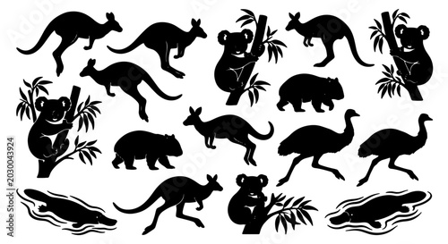 Bild auf Leinwand Australian Wildlife Silhouettes: Kangaroos, Koalas, Emus, Wombats, Platypus Vect