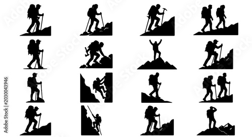 Foto Hiking and Climbing Icons Set, Mountain Adventure Silhouettes, Outdoor Activity