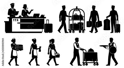 Foto Hotel Staff Silhouettes, Hospitality Icons: Concierge, Bellhop, Waiter, Housekee