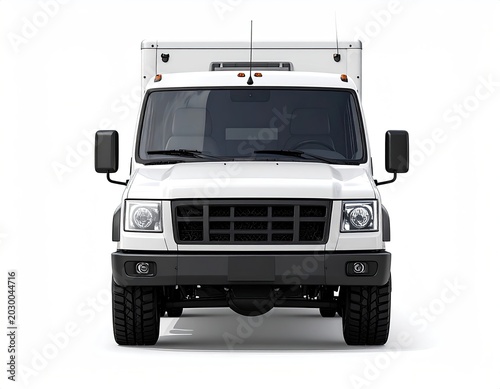 Front view of a white utility box truck with a large grille and lights