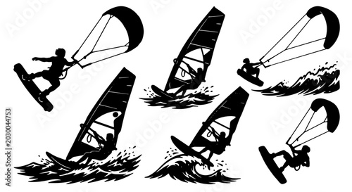 Bild auf Leinwand Kitesurfing and Windsurfing Silhouettes, Extreme Water Sports Action, Dynamic Oc