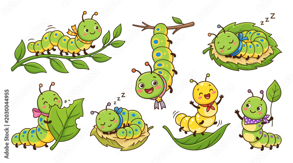Fototapeta premium Cute caterpillar cartoon characters set, green insect mascot collection in various poses, funny garden bug vector illustrations for kids