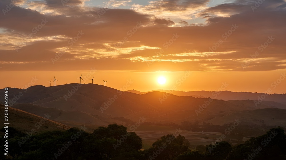 Obraz premium A breathtaking panoramic view of rolling hills bathed in the warm golden light of sunrise or sunset showcasing dramatic cloud formations