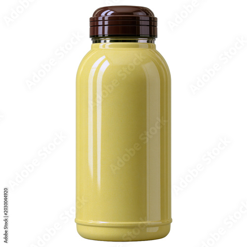 A reusable insulated beverage container with a sleek pastel finish for warm drinks. Pale yellow thermos bottle, isolated on transparent background.