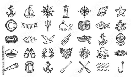 Hand Drawn Nautical Outline Icon Collection with Anchors Sailboats and Marine Symbols