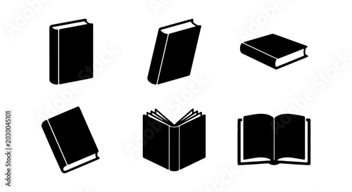 Fotografie Minimalist book icon set, black hardcover book vectors, 6 library symbols for ed