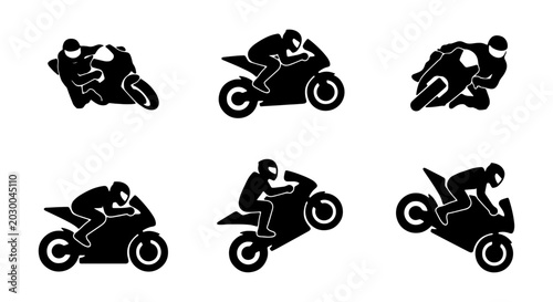 Konstfotografi Sport motorcycle racing icons, 6 black vector silhouettes, motorbike rider stunt