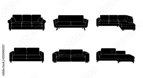 Foto Modern sofa silhouette set, 6 black couch icons, minimalist living room furnitur