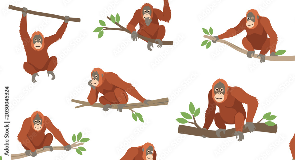 Fototapeta Orangutan seamless pattern features red primates climbing and sitting on tree branches with green leaves for a jungle themed design.