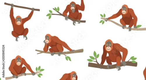 Obraz Orangutan seamless pattern features red primates climbing and sitting on tree branches with green leaves for a jungle themed design.