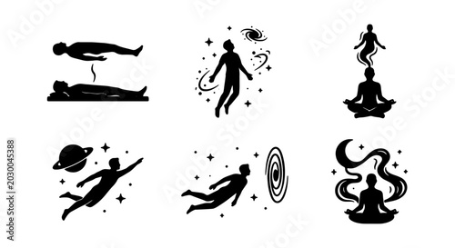 Photography Astral projection silhouette icons, spiritual soul levitation, 6 esoteric vector