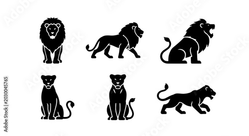 Photography Six Silhouette Lion Icons, Majestic Big Cats Vector Set, Powerful Wildlife Symbo