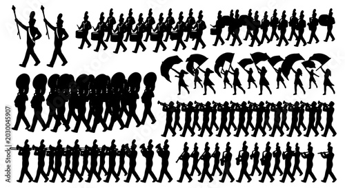 Bild auf Leinwand Marching Band Silhouettes, Military Parade Figures, Drum Major, Soldiers with Ri
