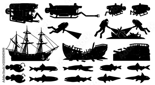 Canvastavla Underwater Exploration Vector Icons: Submarines, Divers, Shipwrecks, and Marine