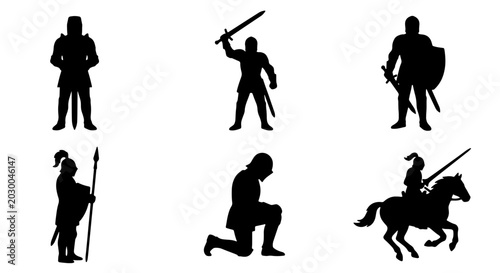 Foto Medieval Knights Silhouettes, Warrior Poses Vector Set, Historical Figures Colle