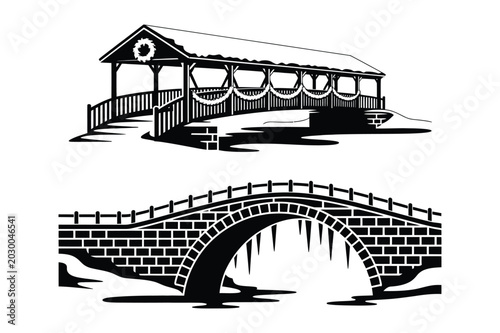Schilderij op canvas Vector illustration of covered bridge with garlands and stone bridge with icicle