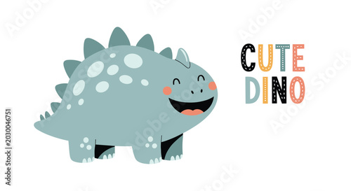 Adorable cartoon stegosaurus dinosaur illustration with spotted back and friendly smile accompanied by colorful text Cute Dino.
