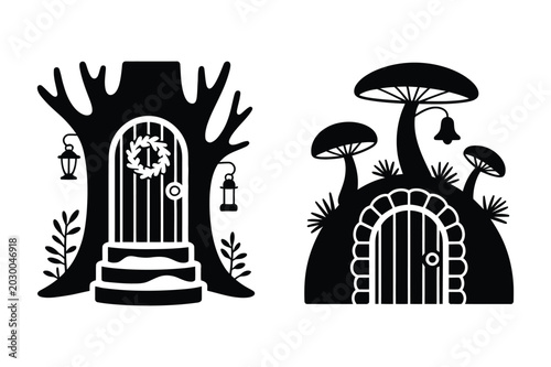 Fairy tale house doors in tree trunk and mushroom with lanterns and wreath, mushroom
