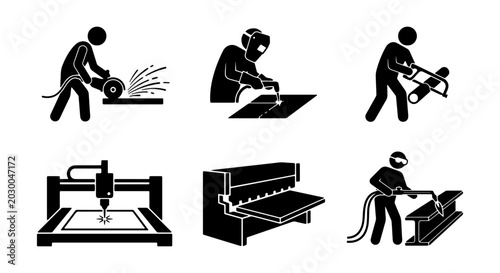 Foto Industrial Metalworking Icons Set: Fabrication, Welding, Cutting, Grinding, Shea