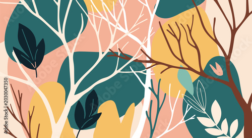 Abstract forest landscape illustration featuring white and brown bare trees with dark leaves over colorful organic shapes.