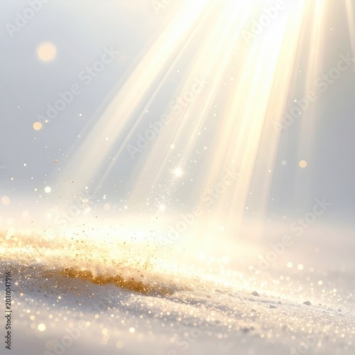 Soft, ethereal light beams illuminate sparkling golden dust on a pale surface
