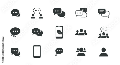 Collection of black and white icons representing communication, chat bubbles, mobile messaging, group discussions, and user profiles.