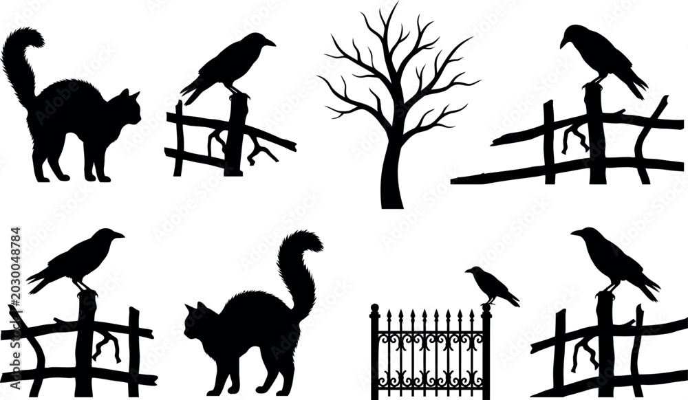 Fototapeta premium halloween silhouettes of black cats ravens and bare tree