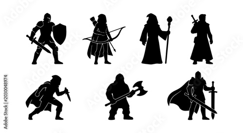 Bild auf Leinwand Fantasy Warrior Silhouettes, Medieval Knight, Archer, Mage, Rogue, Viking, Heroi