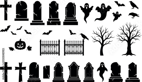 Photos Halloween graveyard elements vector illustration with tombstones and spooky shap
