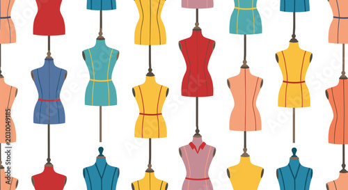 Colorful seamless pattern featuring various dressmaker mannequins in different colors and styles on a white background for fashion fans.
